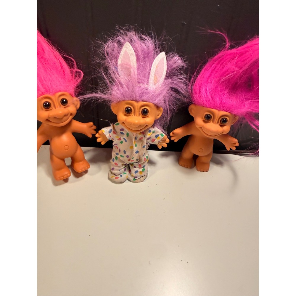 Vintage Russ Berrie Troll Doll Lot of 3 Pink Hair Easter Bunny Polka Dot Outfit